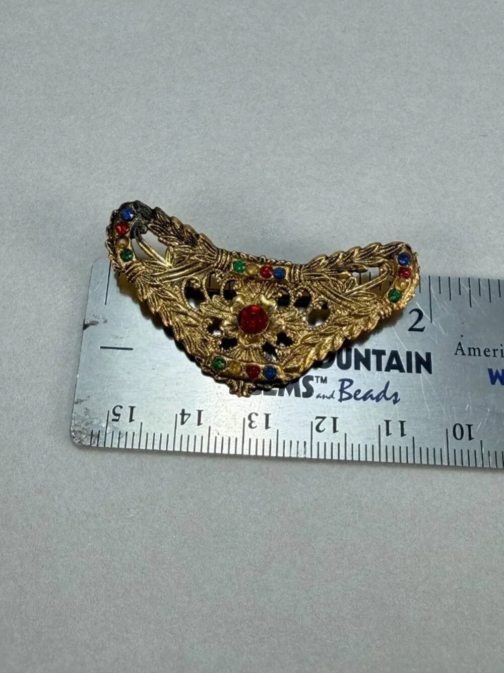 Vintage Gold Tone Filigree Multicolor Rhinestone Brooch Victorian Revival Pin